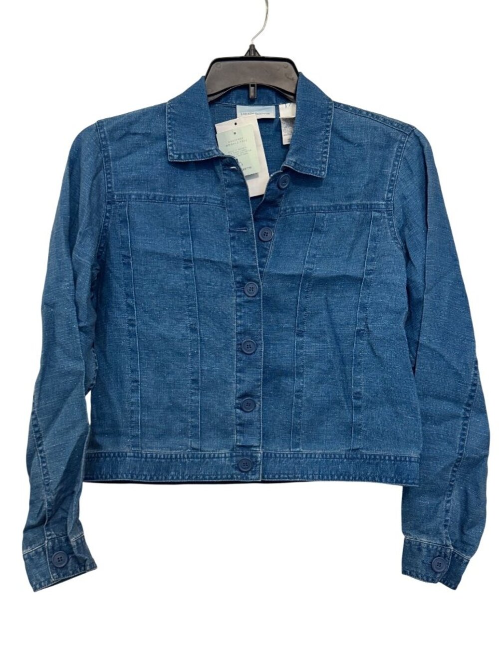 Liz Claiborne Womens Medium Blue Linen Jacket Button-Front Long Sleeve
